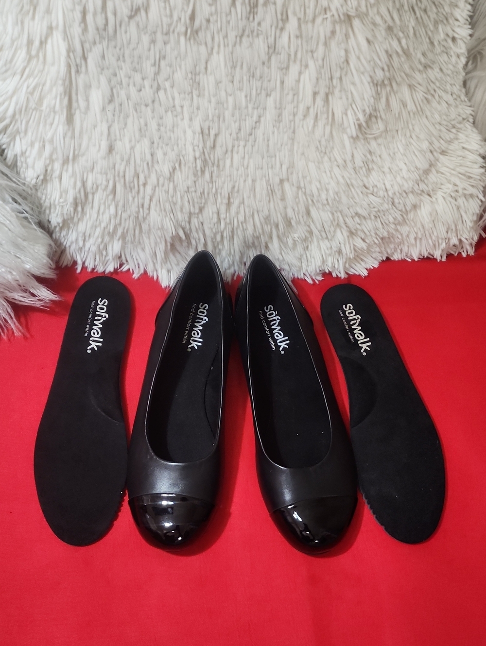SoftWalk Sonoma Cap Black Patent Cap-Toe Ballet Flats with Removable Insoles
